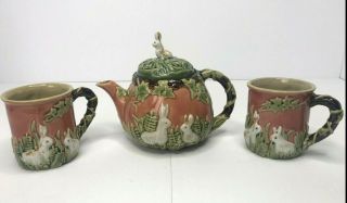 Vintage Majolica Pottery Tea Pot And Mugs Set Rabbits Spring Easter 1991