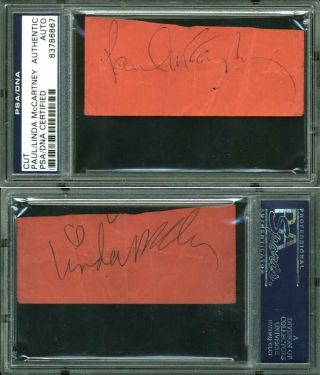 Paul Mccartney & Linda Mccartney The Beatles Signed 1.  5x3.  75 Cut Psa/dna Slabbed