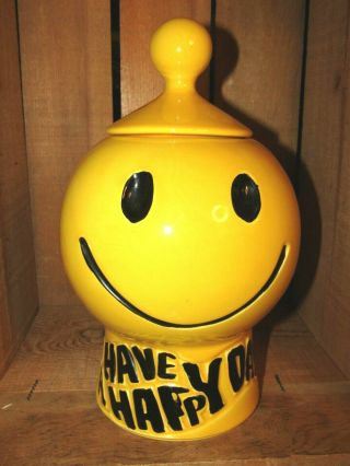 Wonderful Vintage Mccoy Yellow Smiley Happy Face Pottery Cookie Jar -