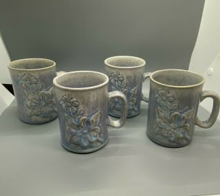 4 Blue Embossed Dogwood Mugs Signed Douglas Ferguson (pigeon Forge Pottery)