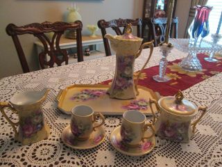 Nippon Chocolate Set Hand Painted Tea Pot Tray 2 Cups 2 Saucers Sugar & Creamer