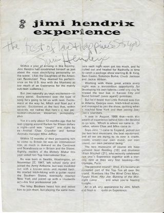 Jimi Hendrix Autograph /signed Programme Page Nottingham Uk Dec 3rd 1967