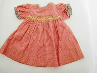Vintage Red/white Check Dress W/ Smocking For Medium Size Doll