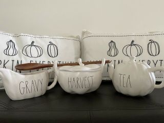 Rae Dunn Harvest Tureen W/ Ladle,  Pumpkin Tea Pot And Gravy Boat.