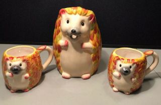 Pier 1 Hedgehog Mugs And Pitcher Set Hand Painted Dolomite