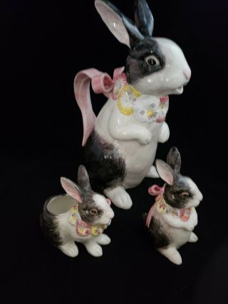 Fitz & Floyd Pansy Parade Bunny Rabbit Pitcher,  Sugar & Creamer