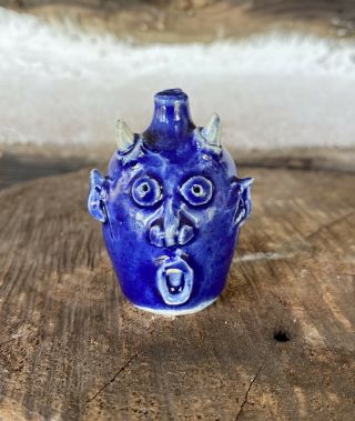 Early Blue Devil Face Jug Miniature By Ryan Mckay Seagrove Nc