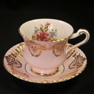 Paragon Footed Cup Saucer Set Pink Roses Gold Medallions W/gold Trim 1957 - 1960