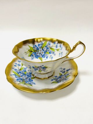 Blue Floral Heavy Gold Rims Teacup And Saucer Queen Anne