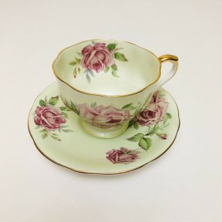 Aynsley Cabbage Roses Green Teacup And Saucer