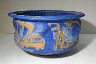 John Loree 6½ " Wide Blue & Tan Asian Style Studio Pottery Bowl Vase Euc