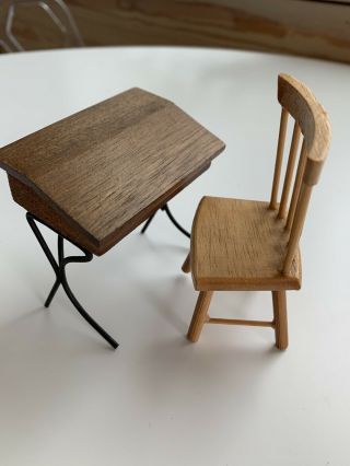 Vintage Dollhouse Miniature Furniture Children School Desk Chair Wood Metal Set