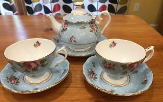 Royal Albert Polka Blue Dot Rose Tea Set Teapot Cups And Saucers