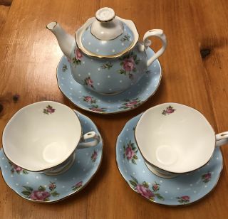 Royal Albert Polka Blue Dot Rose Tea Set Teapot Cups And Saucers 2