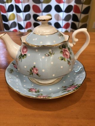 Royal Albert Polka Blue Dot Rose Tea Set Teapot Cups And Saucers 3