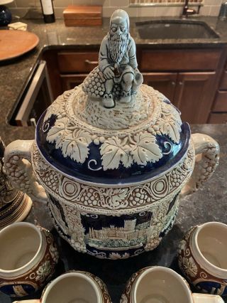 Vintage Stoneware GERZ German Ceramic Tureen Punch Bowl 6 Piece Set with Castles 2