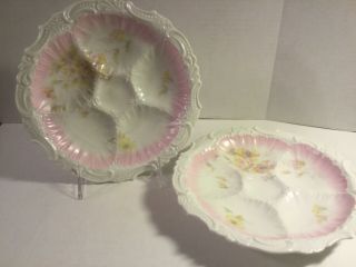 Vintage (2) White Oyster Plates Hand Painted Pink With Yellow Flowers