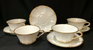 Set Of 4 Theodore Haviland Limoges Double Gold Trim Cup & Saucers,  Scallop Edge