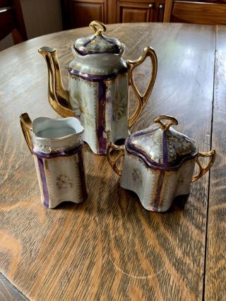 Antique Lusterware Purple/white Porcelain Daisy 3 Piece Tea Set Made In Germany