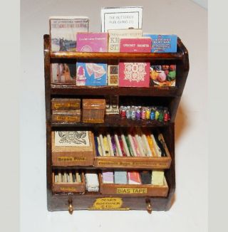Dollhouse sewing shop wood display shelving unit handmade OOAK filled with items 2