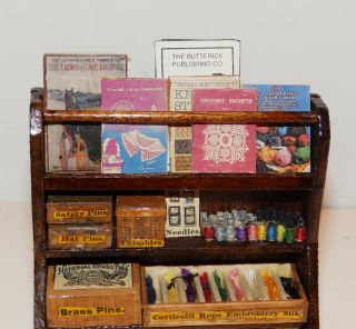 Dollhouse sewing shop wood display shelving unit handmade OOAK filled with items 3