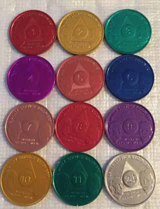 Set Of 12 Monthly Aluminum Colored Aa Founders Medallion Coin Month 1 - 11 & 24hrs