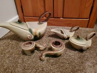 5 Pc Hull Parchment & Pinecone Tea Set And 2 Candle Holders Vintage