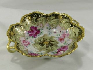 Nippon Gold Moriage Split Handled Bowl Pink Enameled Roses Hand Painted Antique