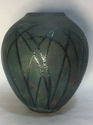 Large Vintage Raku Oriental Grass Pottery Vase 11 1/4 " Signed William K Turner