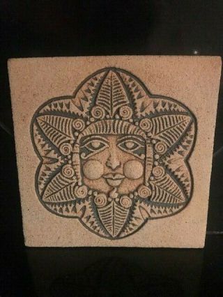 Mid Century Signed John Wenzel Studio Stoneware Sun Face Tile 1970 