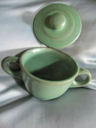 Vintage Signed Green Catalina Island Pottery Sugar Bowl w Cover 3