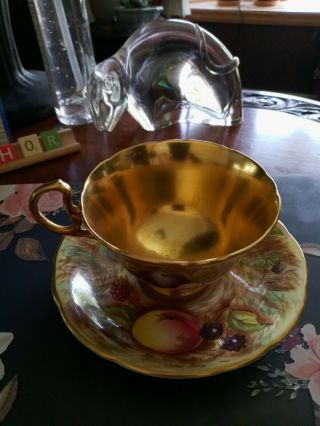 1940s Aynsley England Cup And Saucer Gold Orchard Fruit Signed N.  Brunt