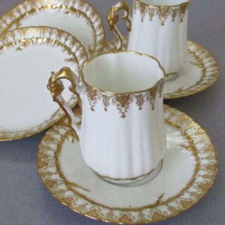 6pc Art Nouveau Antique Limoges Porcelain Demi Cups,  Saucers Neoclassical Gilt