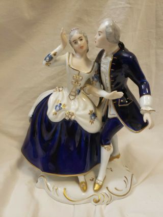 Vtg Royal Dux Czech Bohemia Lady Gentleman Dancing Couple Rococo Figurine Blue