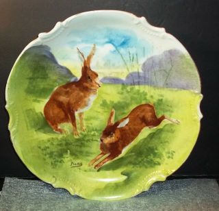 Antique Limoges Coronet Rabbits Charger Plate Hand Painted Artist Signed Pradet