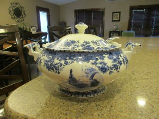 William James Farmyard Blue & White Rooster Soup Tureen With Ladle