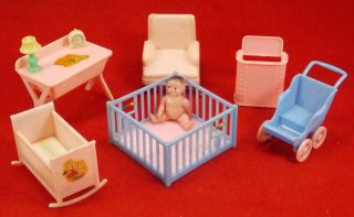 Vintage Marked Renwal 9 Piece Dollhouse Nursery Furniture,  Poseable Baby