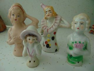 Vintage Lady Half Doll Pincushion/whisk Broom Tops Porcelain Germany Set Of 4