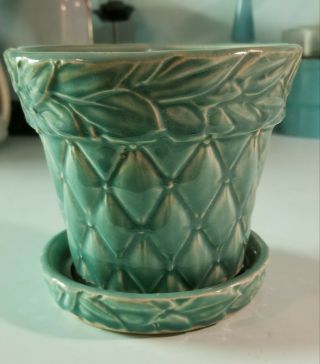 Vintage Mccoy Turquoise Quilted Diamond & Leaf Flower Pot 4.  5 " -