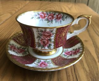Vintage Paragon England Cup & Saucer Pink Cabbage Roses Burgandy Gold Accents