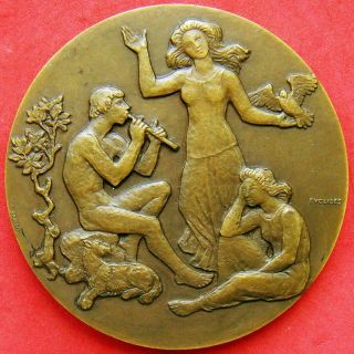 Nude Man Playing Flute Poet Camões Death Centenary Bronze Medal By Euclides