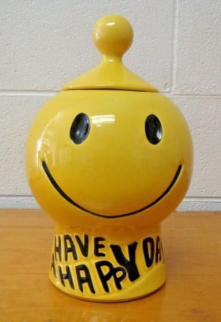 Vintage Cookie Jar Mccoy 235 Smiley Face Have A Happy Day Yellow Ceramic Pot