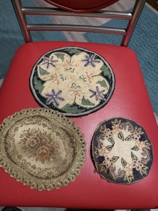 Three Antique Dollhouse Hand Made Hooked Rugs
