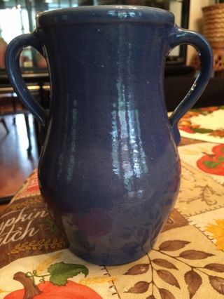 Early Bybee Ky Pottery Two Handled Blue Vase 6 - 7/8” Tall Marked With State?
