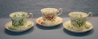 3 Royal Albert Teacups & Saucers - Flower Of The Month Series