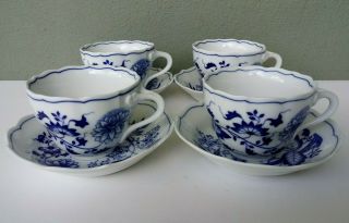 Hutschenreuther - Blue Onion - Set Of 4 Fine Porcelain Cups & Saucers - Germany