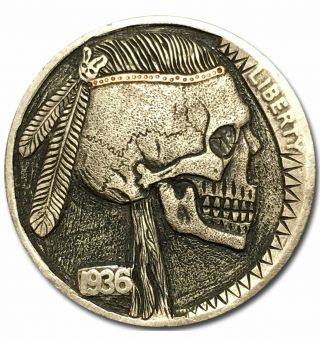 Hobo Nickel Coin 1936 Buffalo Skull 8 " Gold Inlay Hand Engraved By Zhang Yu