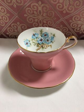 Aynsley Pink Corset Tea Cup And Saucer With Blue Flowers And Bow Tie