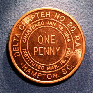 Unc South Carolina Masonic Penny - Delta Chapter No.  20,  Hampton,  S.  C.