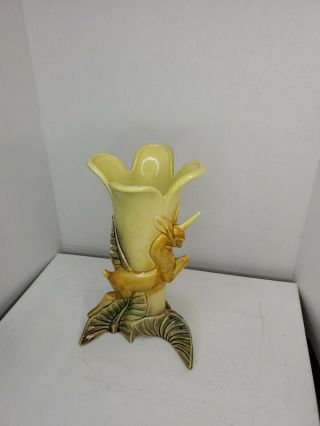 Vintage 1950 ' s Hull Pottery Vase Unicorn - Deer - Fawn 99 Green Marked USA 2